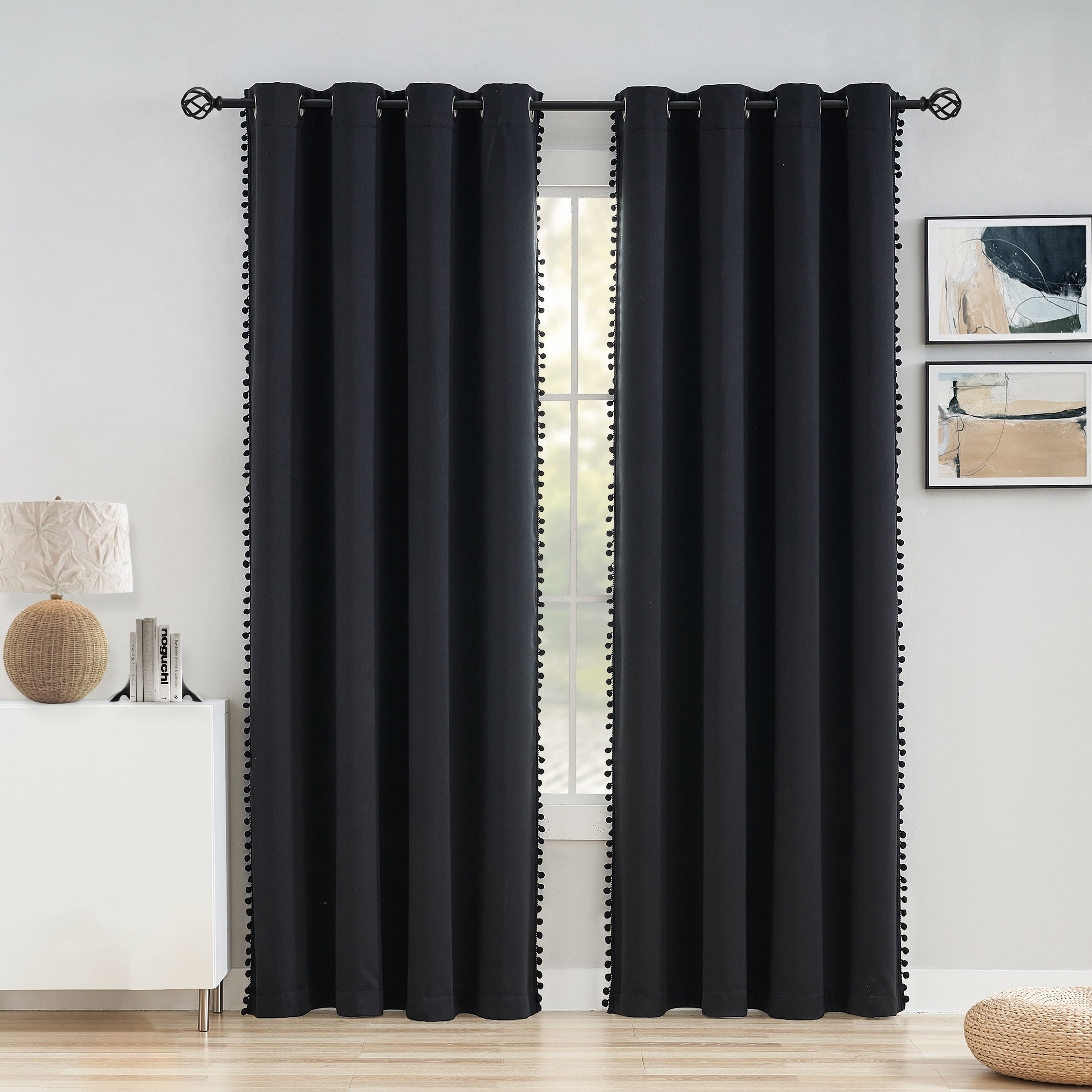 Flowpartex Pom Pom Energy Efficient Blackout Curtains, Set of 2 Solid Grommet Window Drapes for Kids Bedroom Living Room, Light Blocking Thermal Insulated, Black, 52"W x 95"L