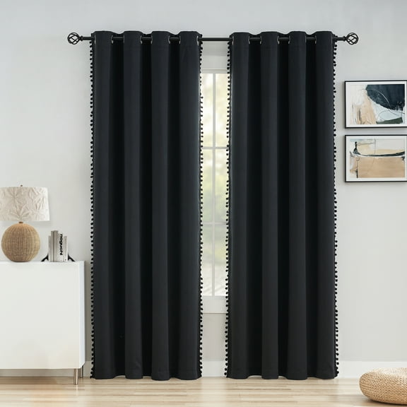 Flowpartex Modern Black Solid Print Grommet Blackout Curtains, 52” x 84” (2 Panels)
