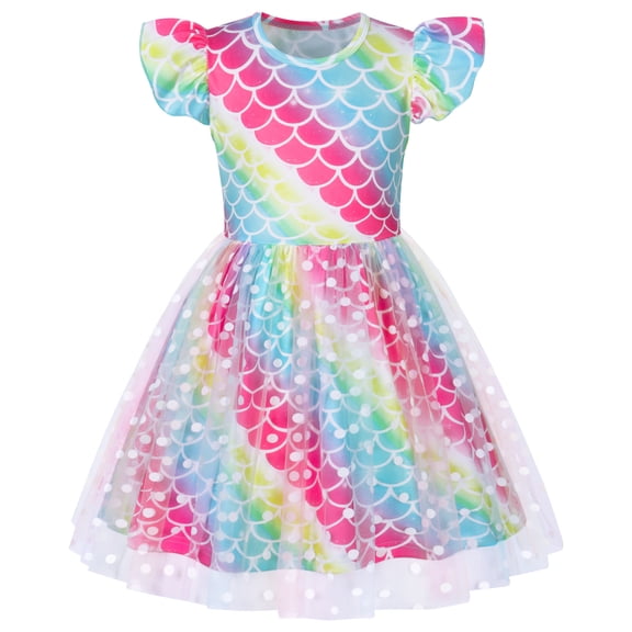 AmzBarley Girls Rainbow Mermaid Scale Flutter Sleeve Tulle Dress, Colorful Print Casual Princess Tutu Dress for Toddler Girls 9-10 Years