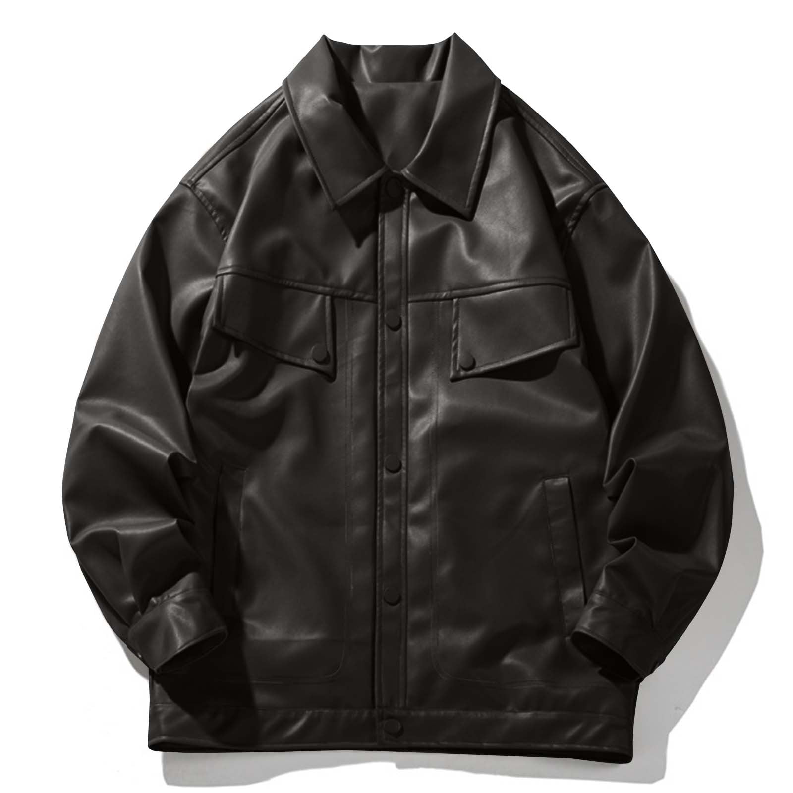 Maoxin Mens Leather Jacket Retro Men's Solid Color Snap Pocket Casual Loose Long Sleeved Hooded Leather Jacket Coat Jacket for men Black 3XL