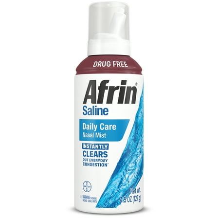 Afrin Saline Nasal Spray, 100% Drug Free, Saline Solution, Daily Care Nasal Spray for Everyday Congestion and Dry Nose, Easy Mist, 4.5 OZ