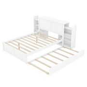 Euroco Full Size Wood Platform Bed with Trundle, Flexible 4-Tier Shelf in Headboard for Kids, White