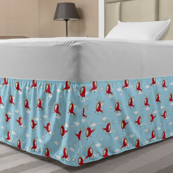 Nursery Bed Skirt, Cartoon Helicopters Pattern Hand Drawn Aviation Themed Doodles in Sky, Elastic Bedskirt Dust Ruffle Wrap Around for Bedding Decor, 4 Sizes, Pale Blue Yellow Ruby, by Ambesonne
