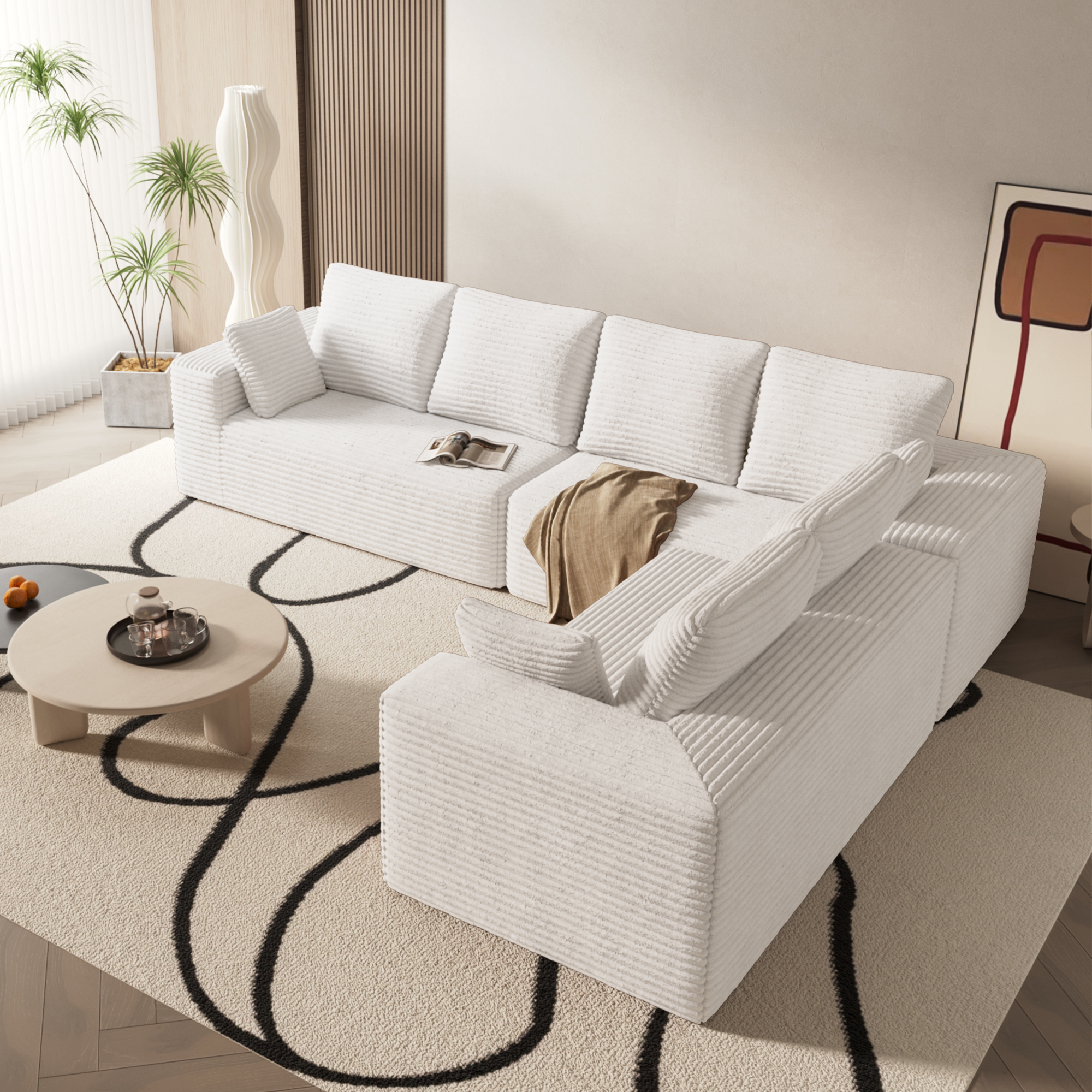134" Modern L-Shaped Sectional Sofa for Living Room Bedroom, Modular Cloud Sectional Couch with Deep Seating Upholstered Sofa, Free Combination Sofa, Corduroy Upholstery, No Assembly, Beige Couch