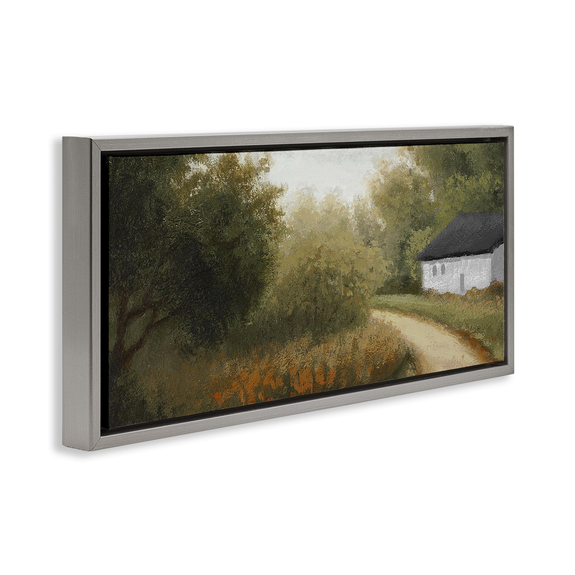 Stupell Industries Charming Country Road Landscape & Nature Painting Gray Floater Framed Canvas Art Print Wall Art, 25 x 11