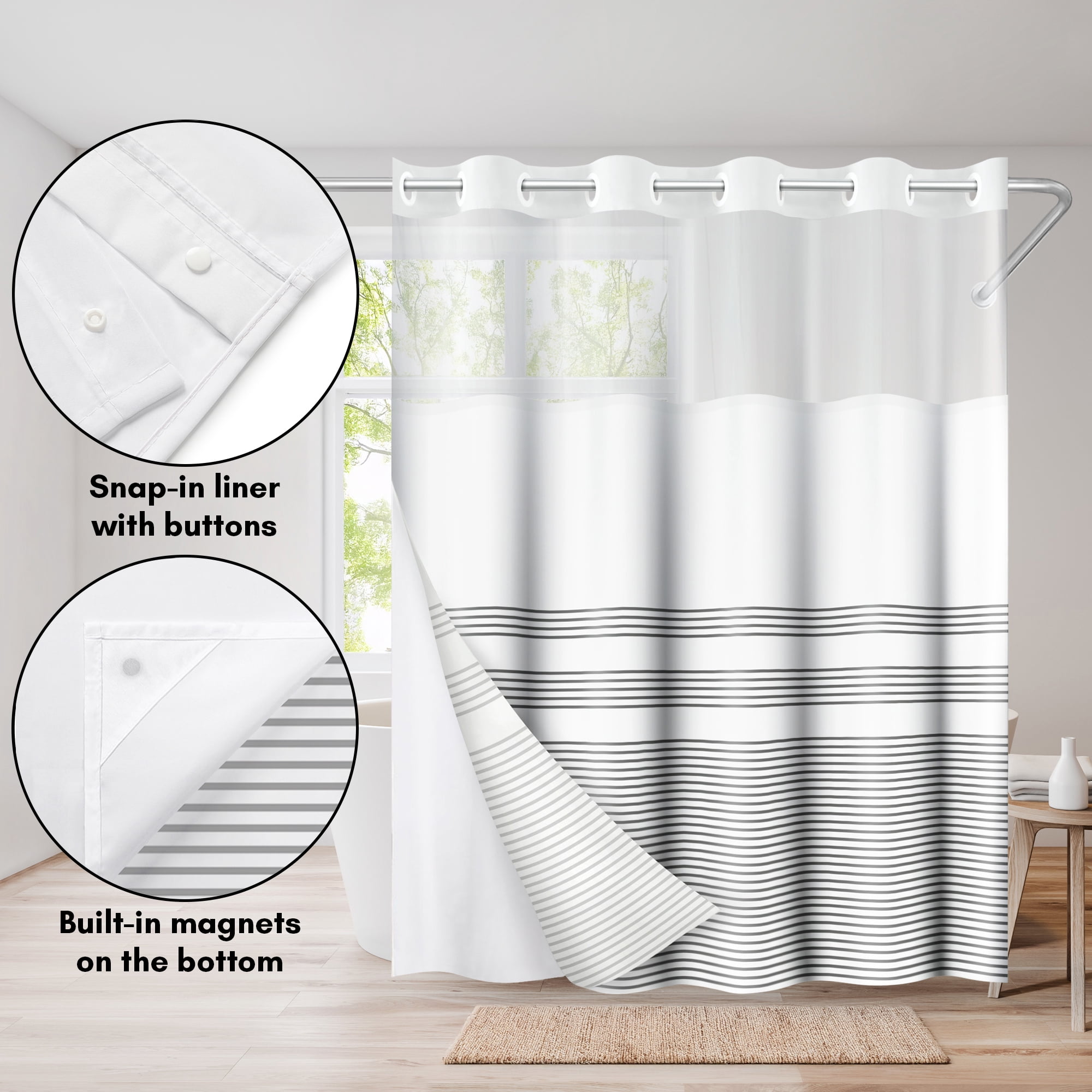 Americanflat 72x75 Hookless Shower Curtain - Grey Lines Shower Curtain with Sheer Panel, Snap-In Liner, and Grommets - 100% Polyester