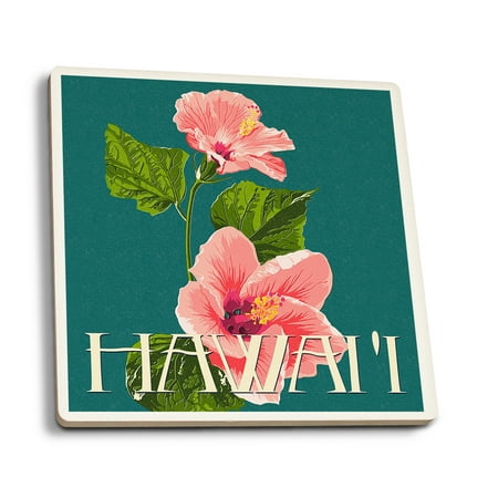 

Hawaii Pink Hibiscus Flower Letterpress (Absorbent Ceramic Coasters Set of 4 Matching Images Cork Back Kitchen Table Decor)