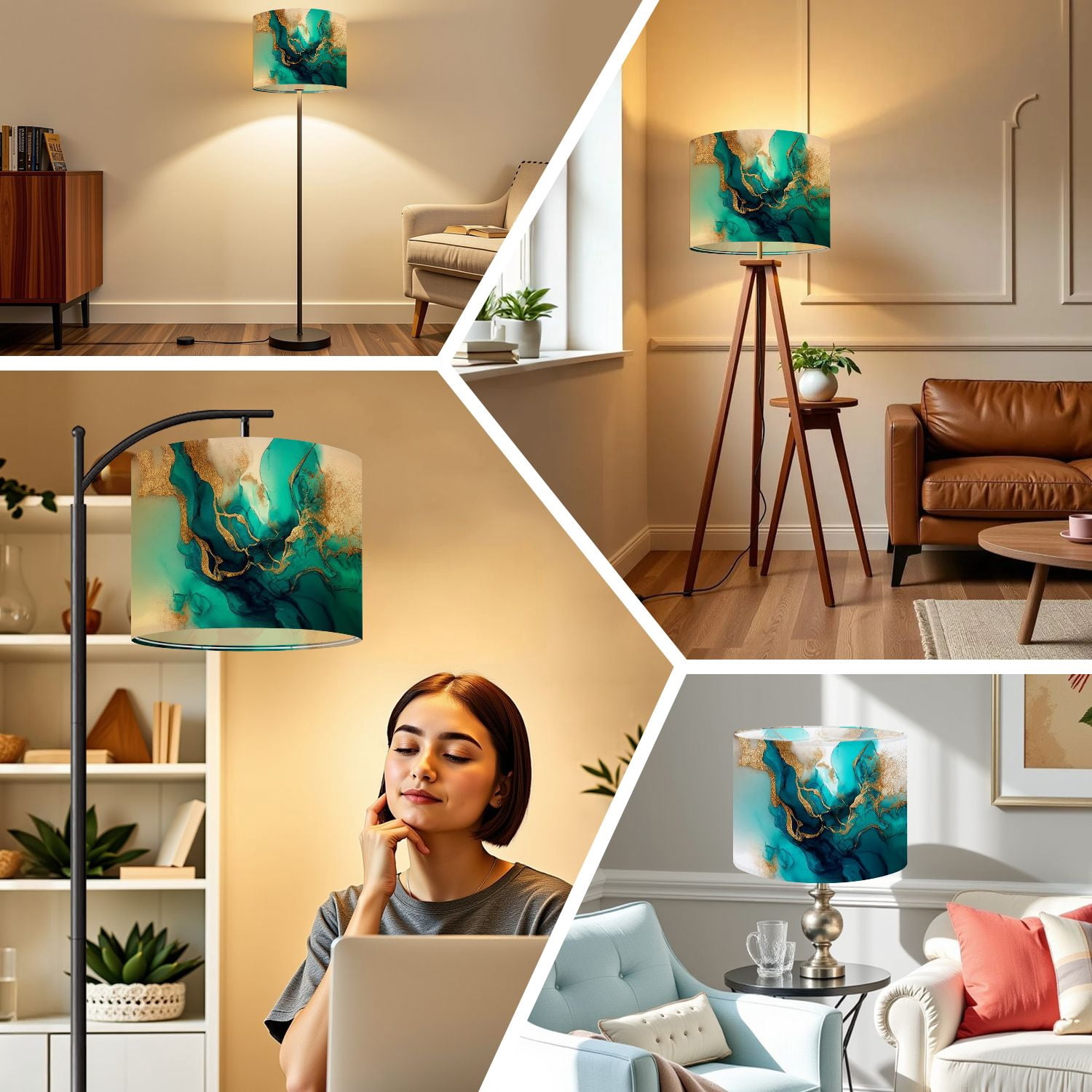 Linen Drum Lampshades Pastel cyan mint liquid marble watercolor gold lines brush stains Teal 13"x13"x10" Light Shade for Table Lamps Floor Lamp Shades Lampshade Replacement Assembly Required