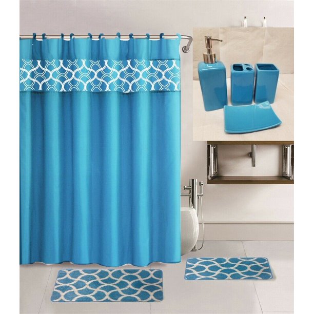 7 Piece Complete Bathroom Set Geometric Turquoise Print Design With Non