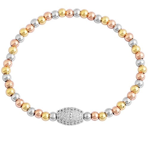 My Daily Styles Stainless Steel Beaded Stretch Bracelet with Crystal Accent Barrel, Elastic Band (Tri-Color)