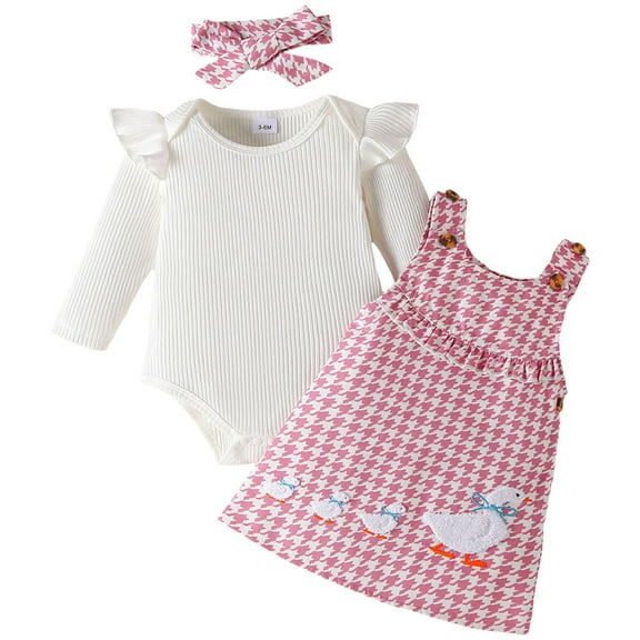 UAYOTSE Baby Girl Outfits Ruffle Long Sleeve Ribbed Romper Corduroy Suspender Skirt Overall Dress Fall Clothes(6-9 Months,I266-Pink)