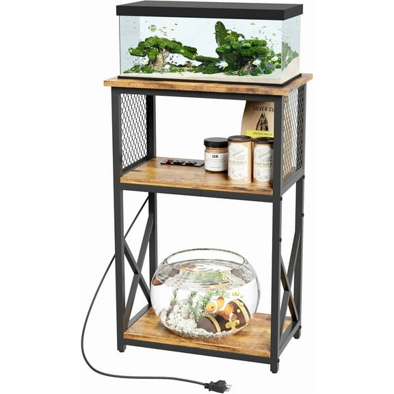 Fish Tank Stand with Power Outlet, 3 Tier Aquarium Stand with Shelf, Turtle/Reptile Tank Stand for Home Office,Adjustable Boards