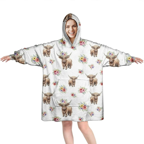 White Highland Cow Flower Pattern Wearable Oversized Blanket,Wearable Blanket Hoodie for Adults,Cozy Hooded Blankets with Super Pockets,Super Warm Fuzzy Pullover for Women & Men