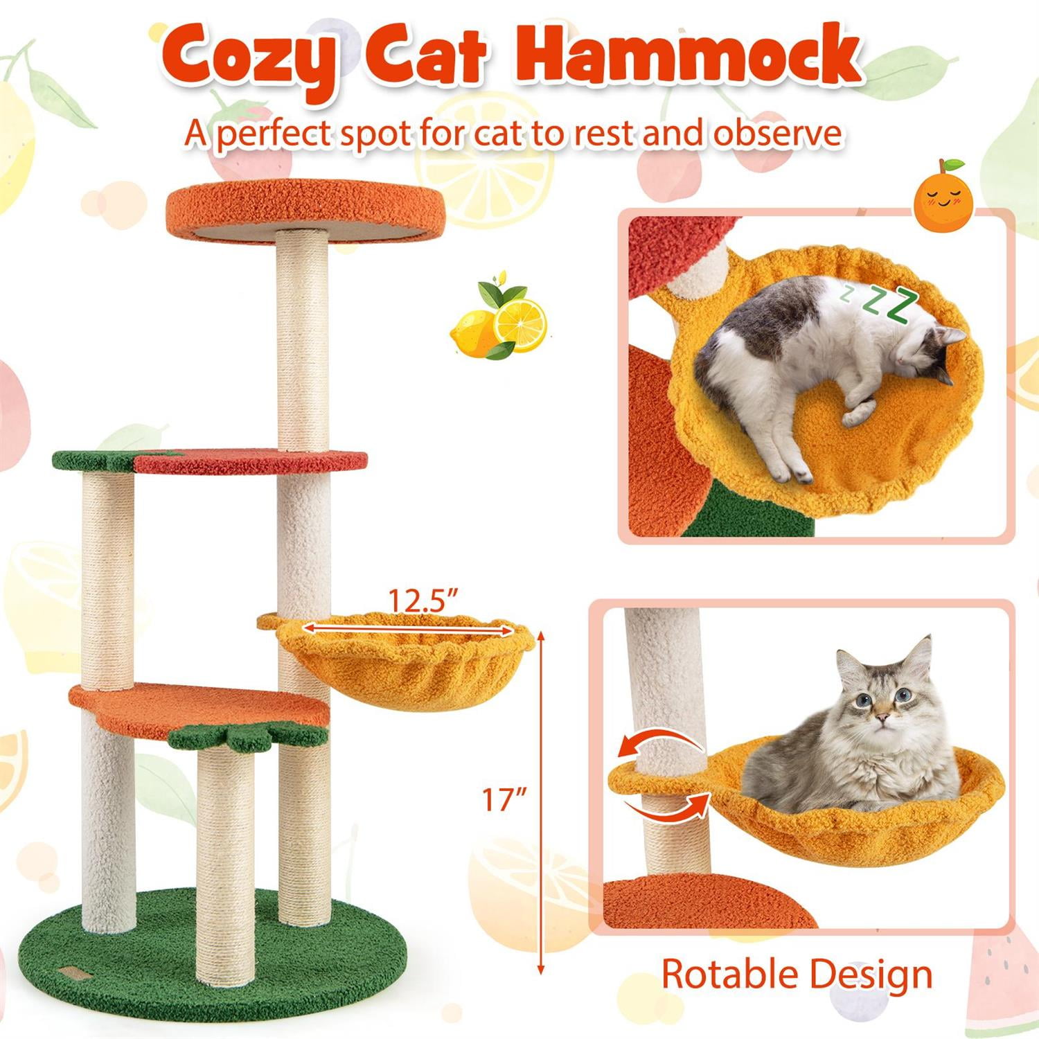 Pefilos Multi-Level Cat Activity Center, Fruit-shaped Platforms, Sisal Scratching Posts, Red & Orange