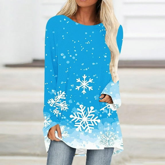 VgaVtl Christmas Womens T Shirts Long Sleeve Oversized Women Shirts Pullover Casual Festivals Snowflake Graphic Tops,Blue M