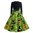 thumbnail image 5 of Women's Halloween Dress Skeleton Hepburn Long Sleeve Horror Swing Dress Bat Printed Crew Neck Classic Dresses with Belt M, 5 of 5