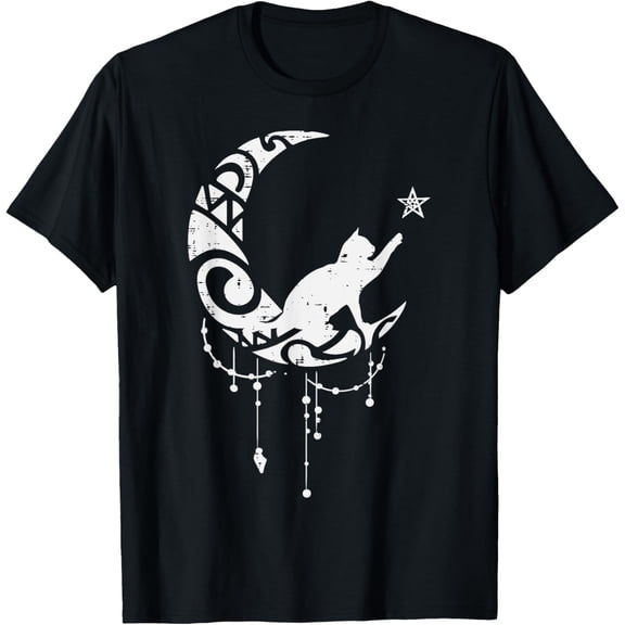 Crescent Moon Cat Star Mystical Celestial Women Girls Kids T-Shirt men and women can wear, black, white, gifts