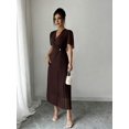 thumbnail image 3 of Brown Chiffon Wrap Dress With V-Neck, Puffed Sleeves, Cinched Waist And Pearl Button Detail, 3 of 5