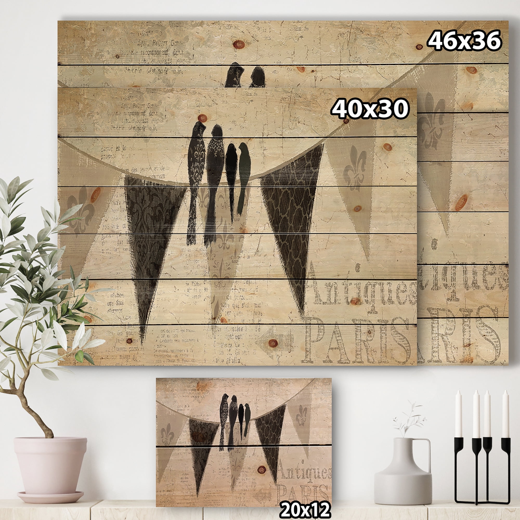 Designart 'French Bird Flea Market III' Farmhouse Print on Natural Pine Wood