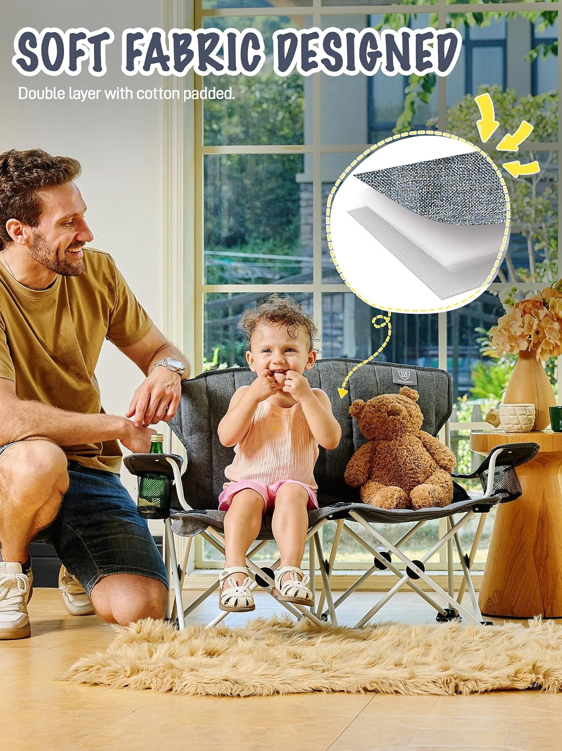 Double Kids Folding Camping Chair with Cup Holders Mesh Pocket Safety Lock and Padded Seat in Grey