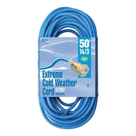 Coleman Cable 2628 Outdoor Extension Cord with Lighted Ends Made of Cold-Flex Weather-proof Material (50 Feet, 14/3, Blue)