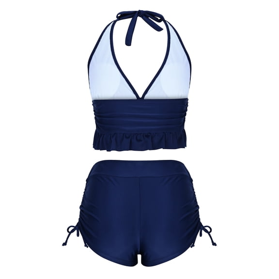 XUNKUSGA Womens Bathing Suits Fashion Halter Deep V Bikini Top with Removeable Padded and Drawstring Swim Shorts Two Piece Cute Ruffled Tummy Control High Waisted Swimsuits for Women S-2XL