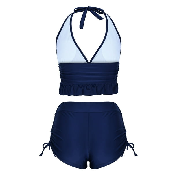 Trajes de Baño de Dos Piezas para Mujeres de Cintura Alta Trajes de Baño de Vendaje Sólido Cuello Redondo sin Negro, Conjunto de Playa Sexy