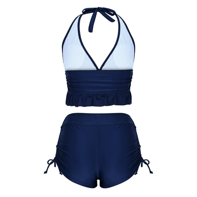 Two Piece Swimsuit for Women, Bandage Design with Round Neck and Sleeveless Top, Black Solid Color, Regular Length, Polyester Fabric, for Beach or Pool