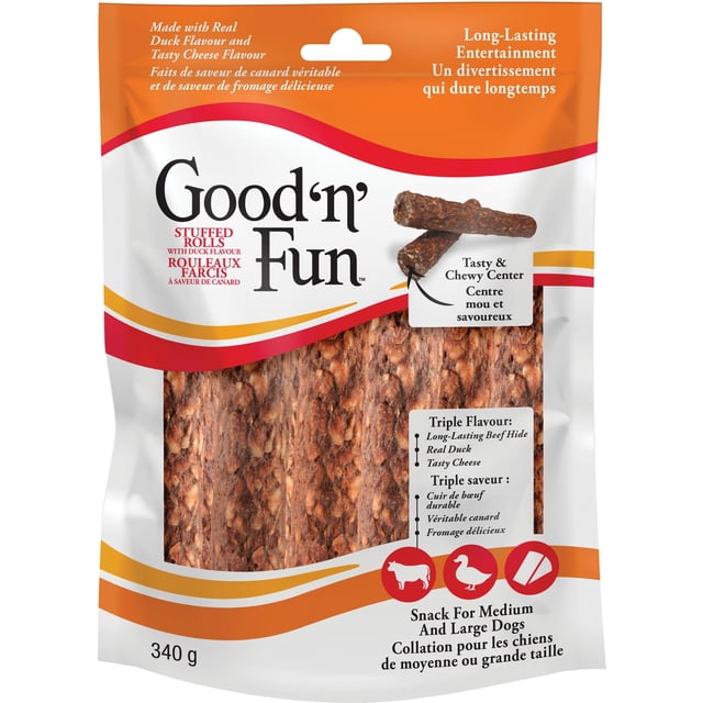 Lot de 2 - Good 'n' Fun Rouleaux Fourrés à Triple Saveur avec Friandises pour Chiens à Saveur de Canard, Sac de 340 g