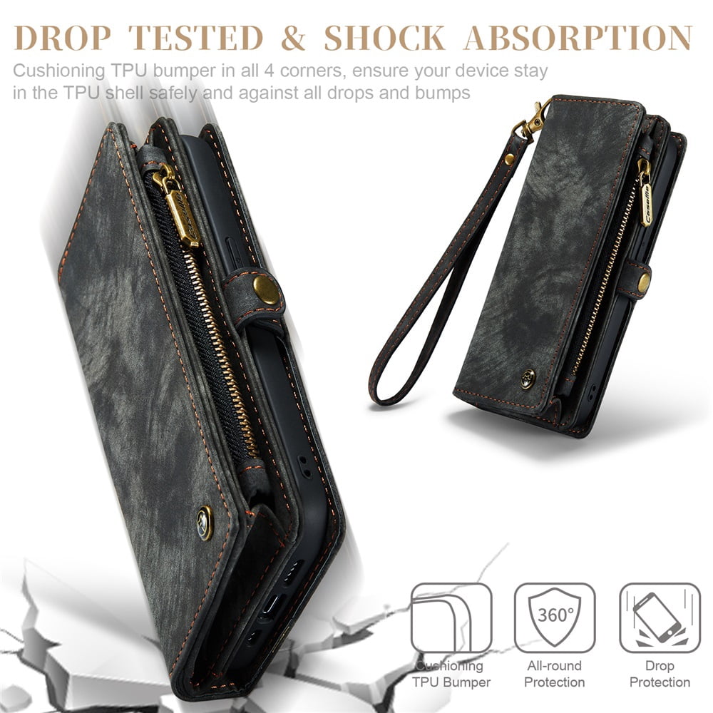 CaseMe Leather Case for iPhone 13 Mini,2 in 1 Detachable Wallet Case with 8-Card Holder Zipper Bills Slot,Magnetic Shockproof Flip Leather Cover Zipper Pocket Phone Cases,Black,For iPhone 13 Mini