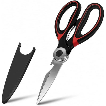 

Happon Kitchen Shears Scissors with Cover Heavy Duty Stainless Steel Multipurpose Scissors Kitchen Shears for Chicken Poultry Fish Meat Herbs Vegetables Nuts Black & Red