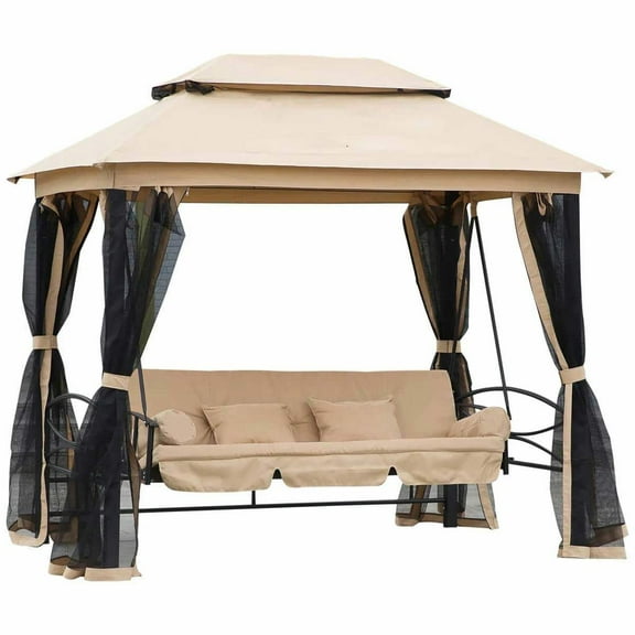 Yardi Yarda 3-Seat Patio Swing Chair, Outdoor Double Tier Canopy Swing with Mesh Walls, Comfortable Cushioned Seat & Pillows, Beige