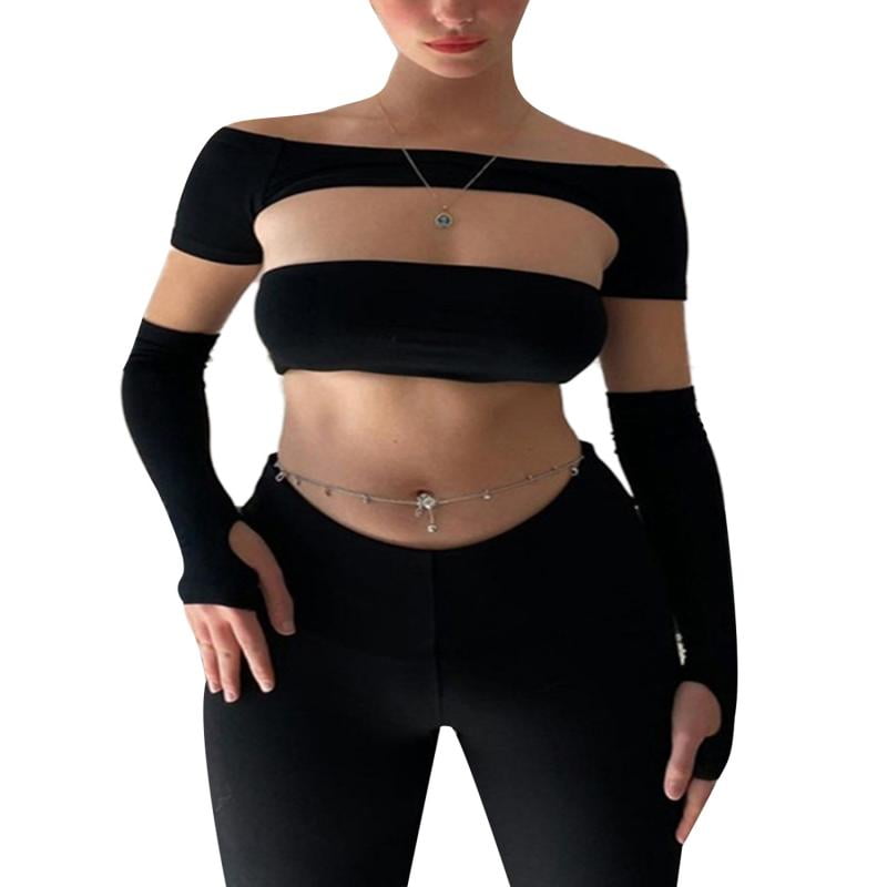  Solid Crop Tube Top with Arm Sleeves (Color : Black, Size :  Small) : Tools & Home Improvement