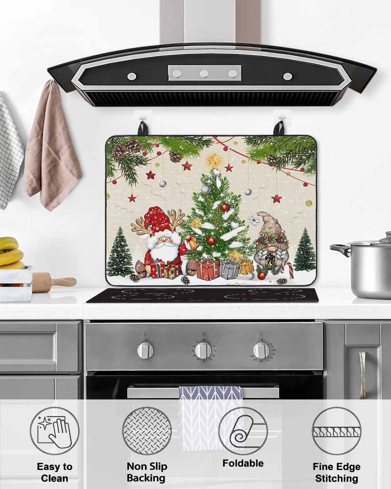Large Induction Cooktop Protector Mat Beige Christmas Stove Top Covers for Electric Stove, Gnomes Xmas Tree Snowflake Winter Gifts Rustic Decorative Stove Burner Cover Mats, Glass Top Stove Cover