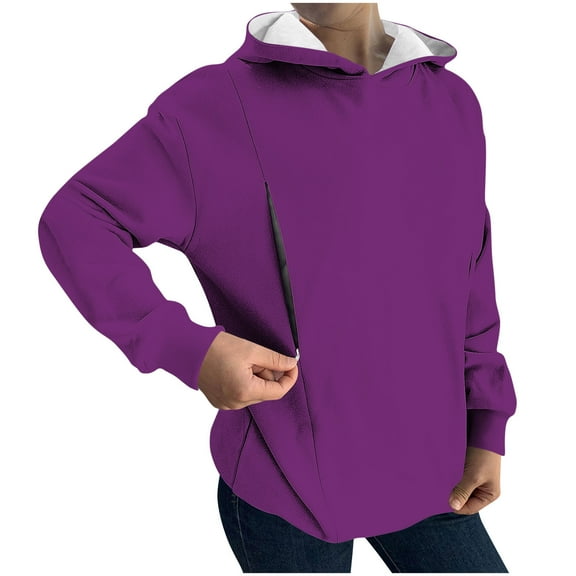Zip Up Hoodies Women Long Sleeve Casual Solid Color Pullover Tops Breastfeeding Hooded Sweatshirts Jacket with Hood