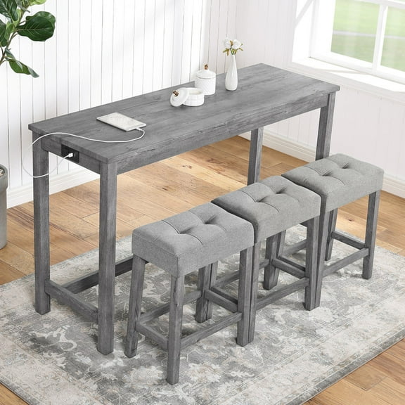 Bellemave Bar Table Set with Power Outlet, 4-Piece Kitchen Dining Table with 3 Upholstered Stools, 3-Person Counter Height Rectangle Dining Furniture Set (Gray)