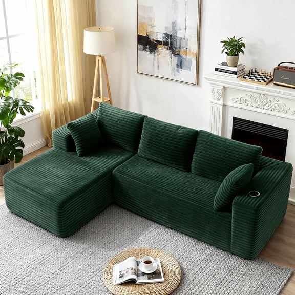 LazySunsets 103" Boneless Couch for Living Room, L-Shaped Modular Sectional Sofa with Wide Armrests and Cup Holders, Corduroy Cloud Cuch No Assembly, Green