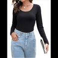 thumbnail image 2 of Camiseta de Cuello en U para Mujer, Camiseta de Larga de Color Liso, Suave, Elástica, Ropa Informal, Básica Negro S, 2 of 9