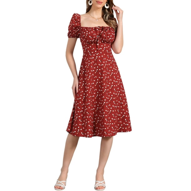 Vestido de mujer con fruncido, escote cuadrado, dobladillo con volantes y estampado floral XS Rojo oscuro