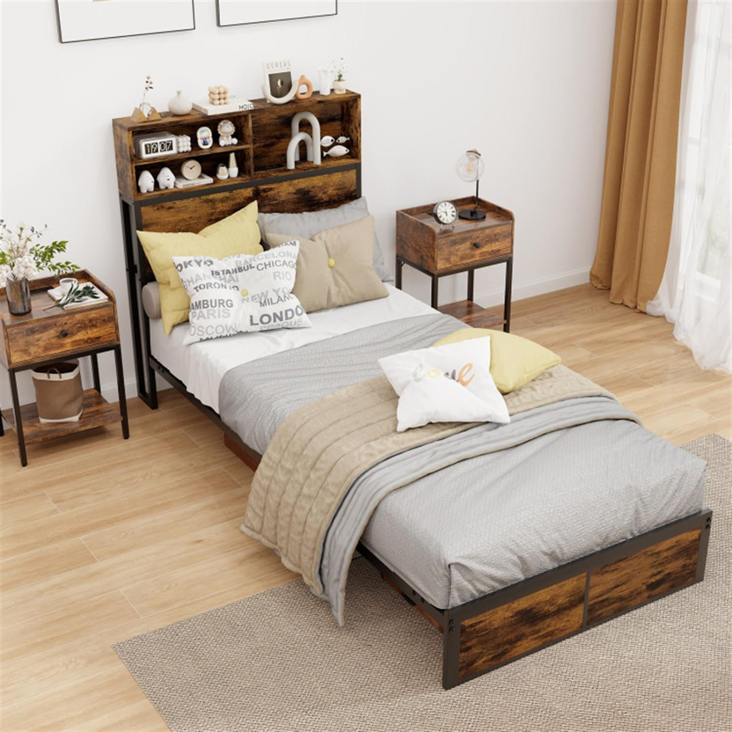 Demi Bonn Twin Size Bed Frame with Wooden Headboard and Footboard, Industrial Metal Platform Bed Frame with Under Bed Storage, No Box Spring Needed, Brown