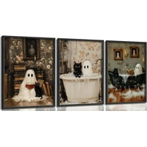 Halloween Ghost Bathroom Wall Art Funny Gothic Canvas Wall Decor Horror Ghost and Black Cat in Bathroom Posters Prints Cute Specter and Cat Reading Together Painting Pictures(Framed canvas)