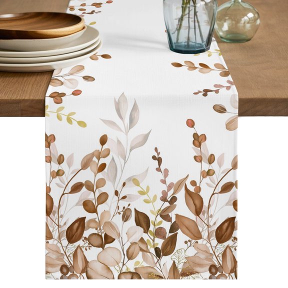 Brown Eucalyptus Leaves Table Runner, Farm Plants Country Vintage Cotton Linen Table Cloth, Tablerunner for Kitchen Dining Party Wedding Home Decor 13x36 Inch