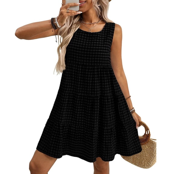 Iyufng Summer Dresses for Women Round-Neck Checkered Sleeveless Casual Dress