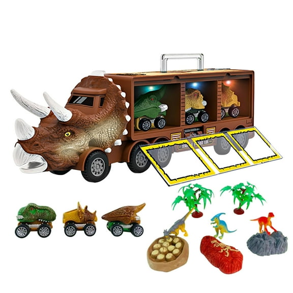 Gallickan Dinosaur Truck Toys Set, 12-in-1 Dinosaur Toys with Music Light, Dinosaur Car Carrier Truck Toy with Car Vehicles, Kids Birthday Gifts for 3 4 5 Year Old Boys, Brown