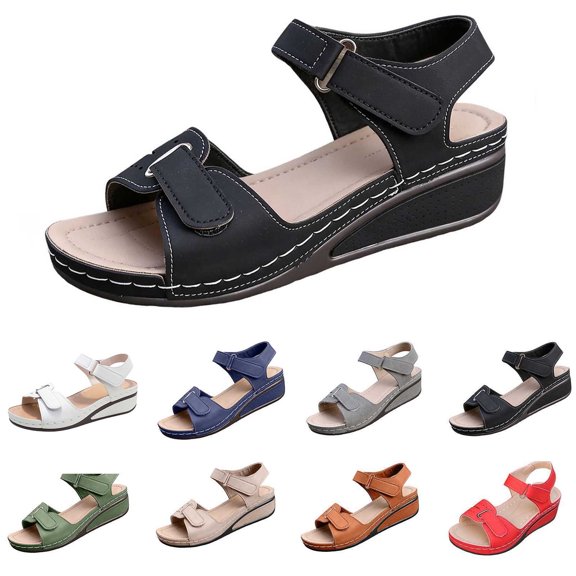 GERsome Wedge Sandals for Women Open Toe Ankle Strap Dressy Sandals Comfortable Walking Casual Slip On Summer Shoes Black Size 5.5