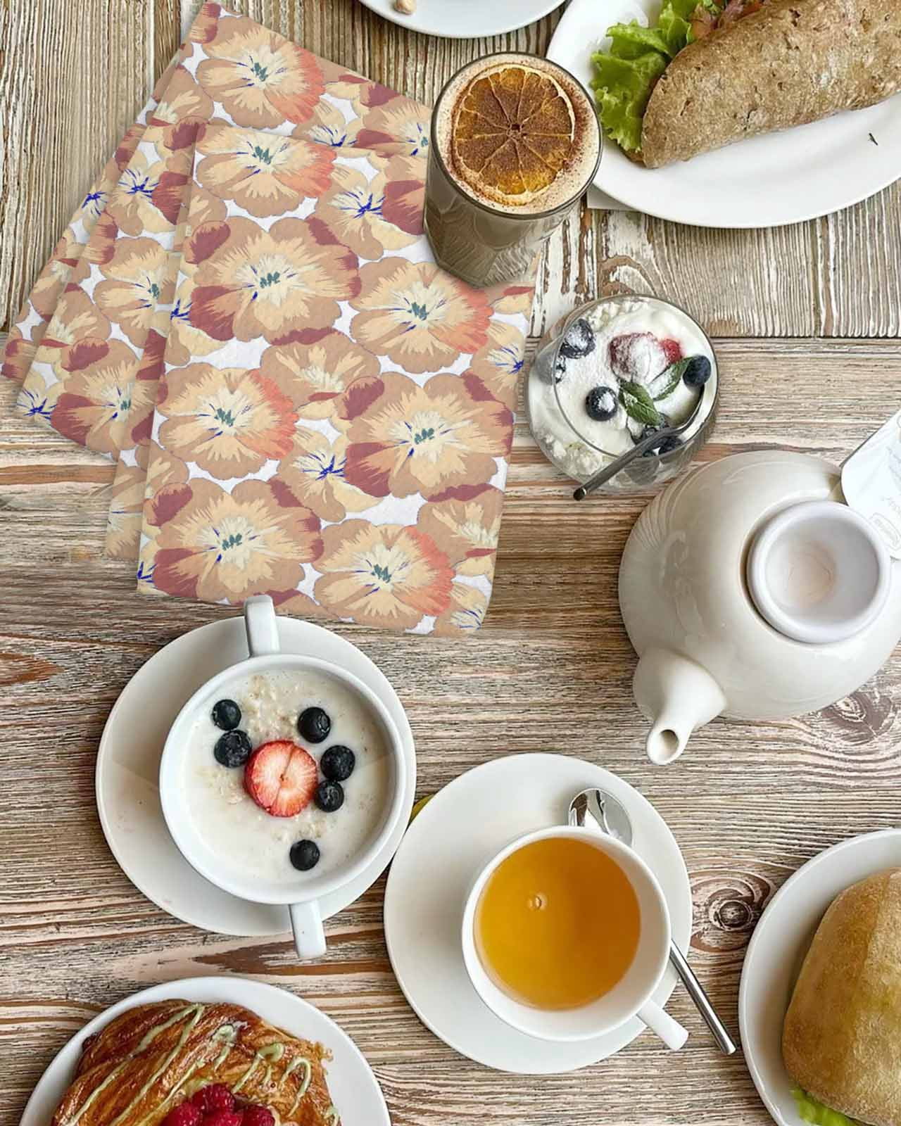 Spring Orange Flower Kitchen Dish Towels for Drying Dishes Set of 2, Vintage Country Plants Botanical Waffle Weave Microfiber Terry Hand Tea Bathroom Towels Quick Dry & Absorbent Towel 15.7x23.6
