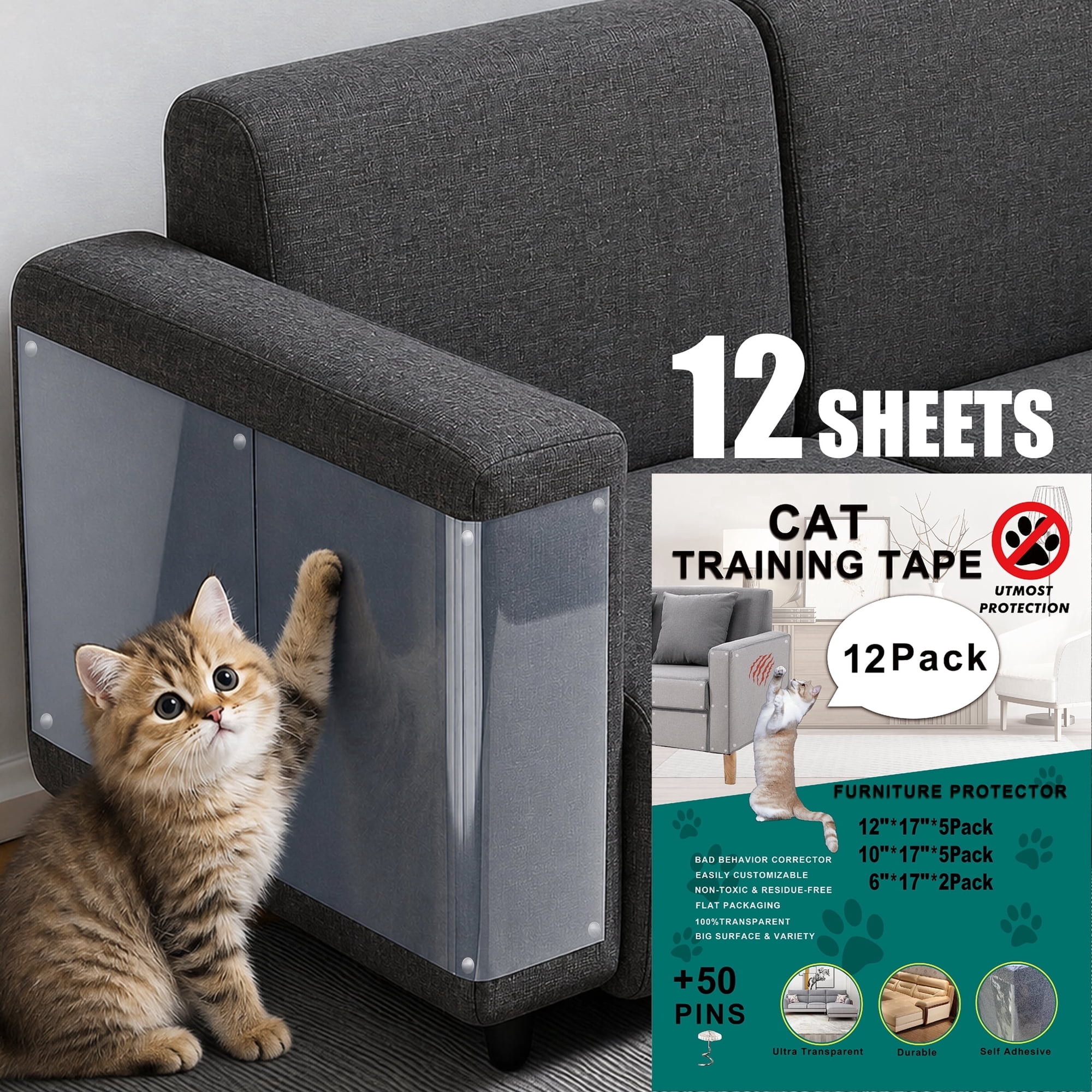 Topsome Anti Cat Scratch Furniture Protector, 12 pack Couch Protector from Cat Claws, Self-Adhesive Deterrent Tape Protectors for Sofa, Walls, Doors