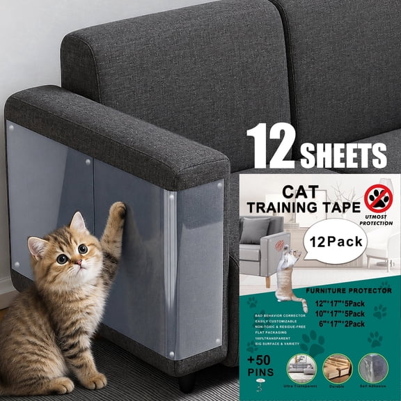 Topsome Anti Cat Scratch Furniture Protector, 12 pack Couch Protector from Cat Claws, Self-Adhesive Deterrent Tape Protectors for Sofa, Walls, Doors