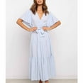 thumbnail image 4 of QUYUON Flowy Dresses for Women Casual Summer Wrap V-Neck Short Sleeve Ruffle Midi Dress with Belt Pleated A-Line Beach Sundress Elegant Formal Evening Party Cocktail Long Dresses Light Blue Medium, 4 of 7
