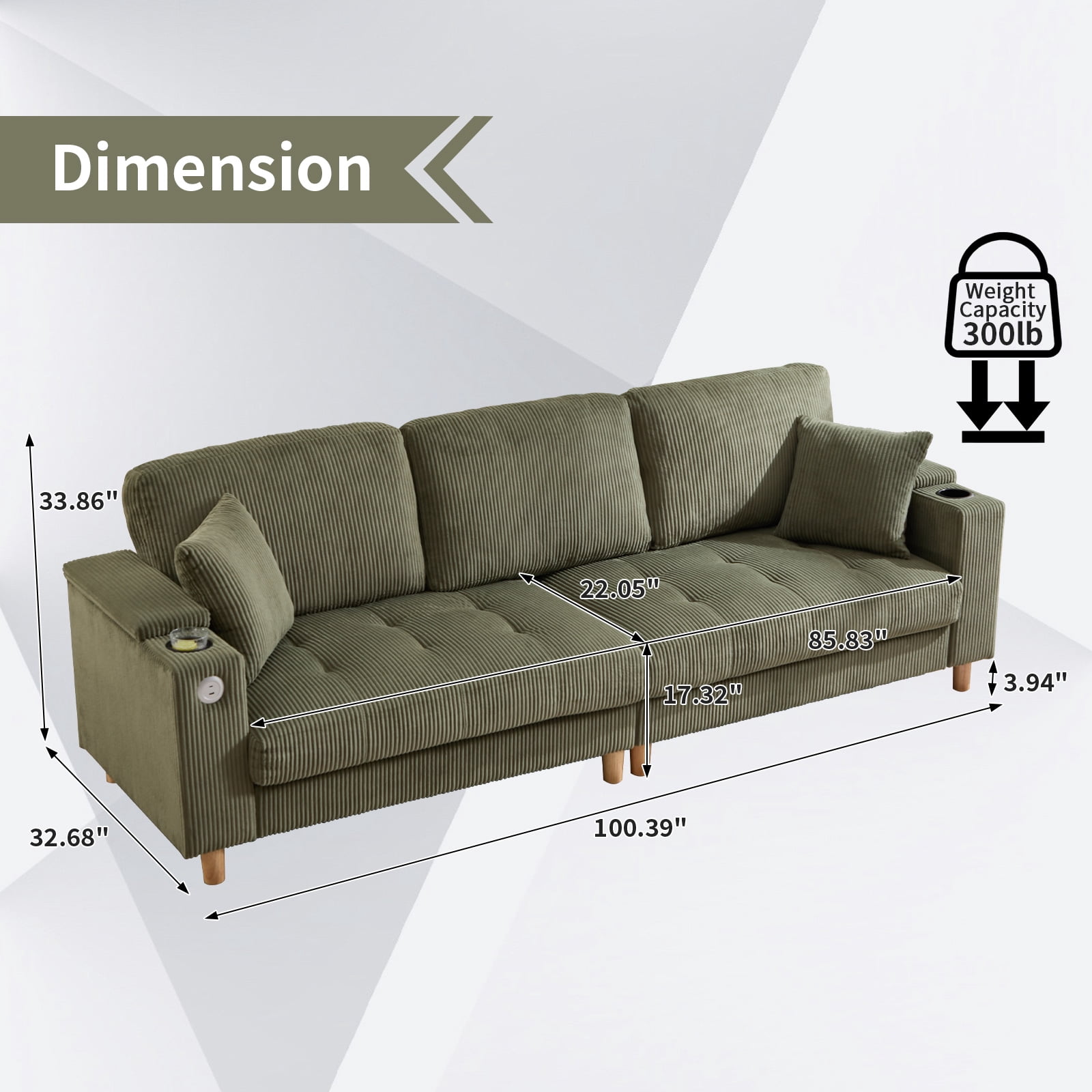Bonzy Home 100 inch Modern Corduroy 3-Seater Sofa, Oversized Comfy Couch with USB Charging Port, Hidden Storage, Overstuffed Backrest & Throw Pillows, Green